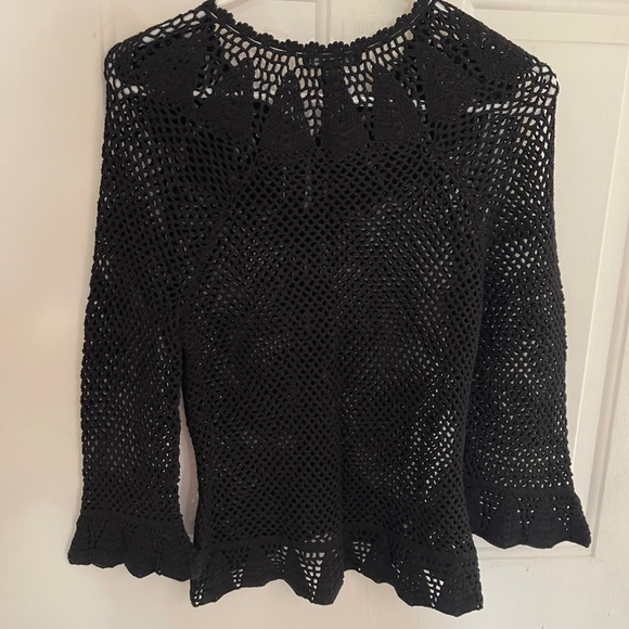 INC International Concepts Open Knit Crochet Black Ruffle Hem Cardigan M - Picture 2 of 15